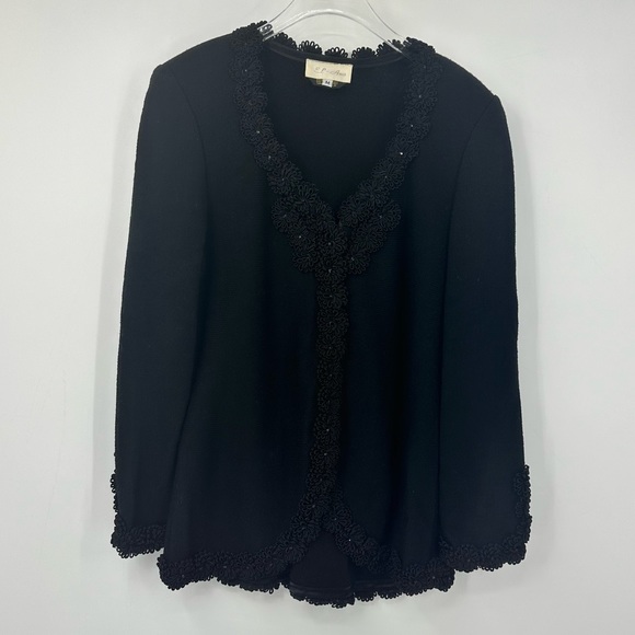 VTG El Ana Knit Long Sleeve Top Black Flower Applique Womens Medium V Neck - Picture 1 of 7